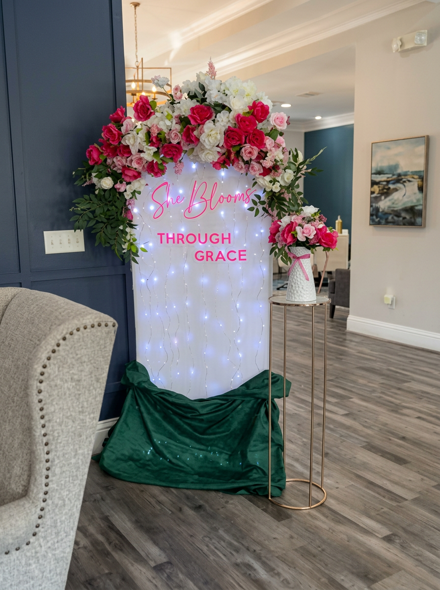 She Blooms Through Grace floral backdrop with blush ribbon chairs