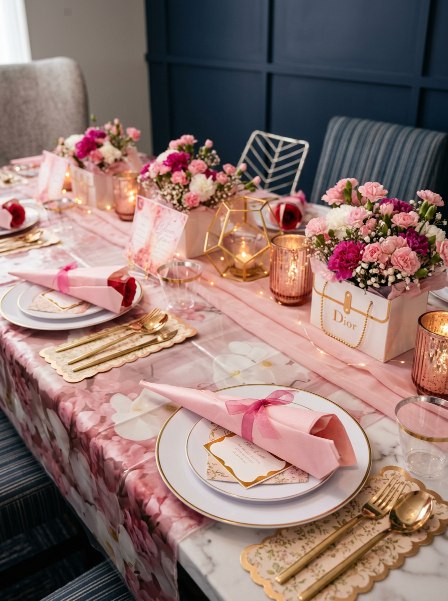 Long marble brunch table with blush ribbons and gold chiavari chairs