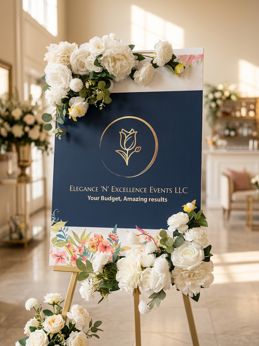 Navy Bloom in Grace welcome easel with blush ribbons and roses