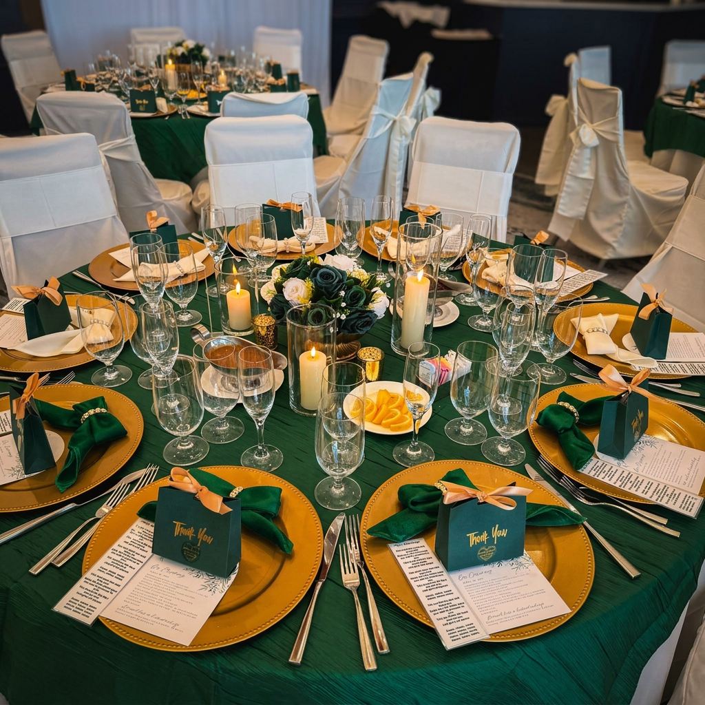 Emerald and gold ballroom reception with white chair covers, candlelit centerpieces and gold chargers