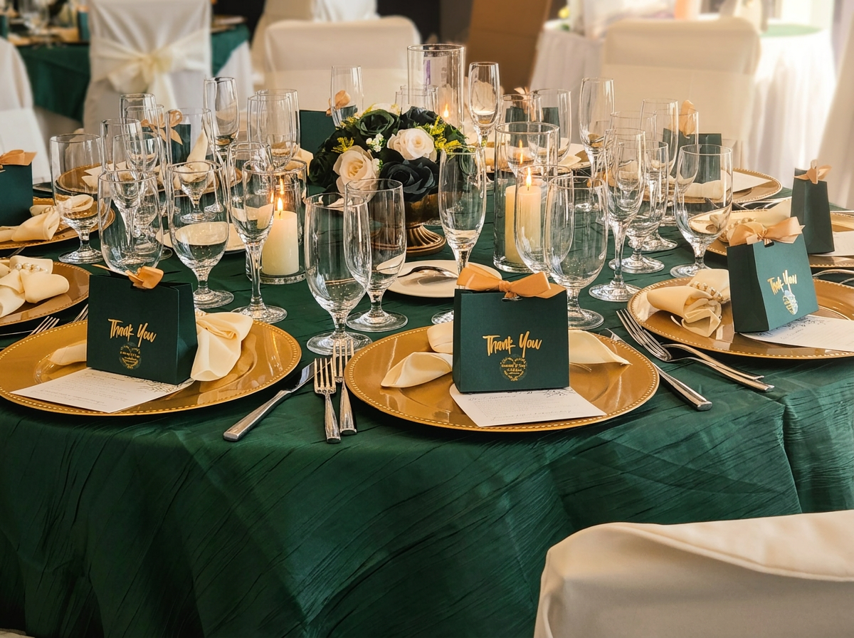 Emerald crinkle tablecloth with gold beaded charger plates, crystal flutes, candlelit centerpiece and Thank You favor boxes