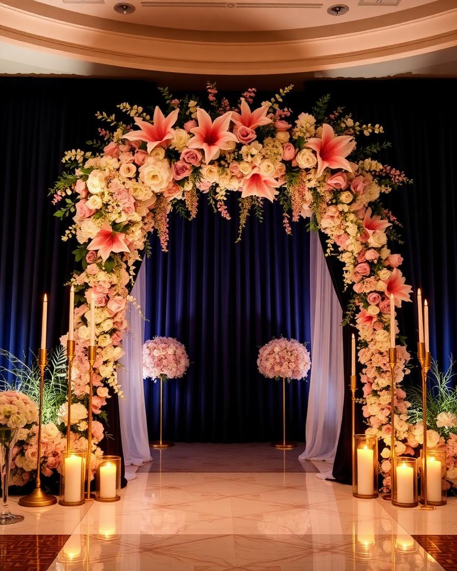 Lavish blush and navy floral entrance arch