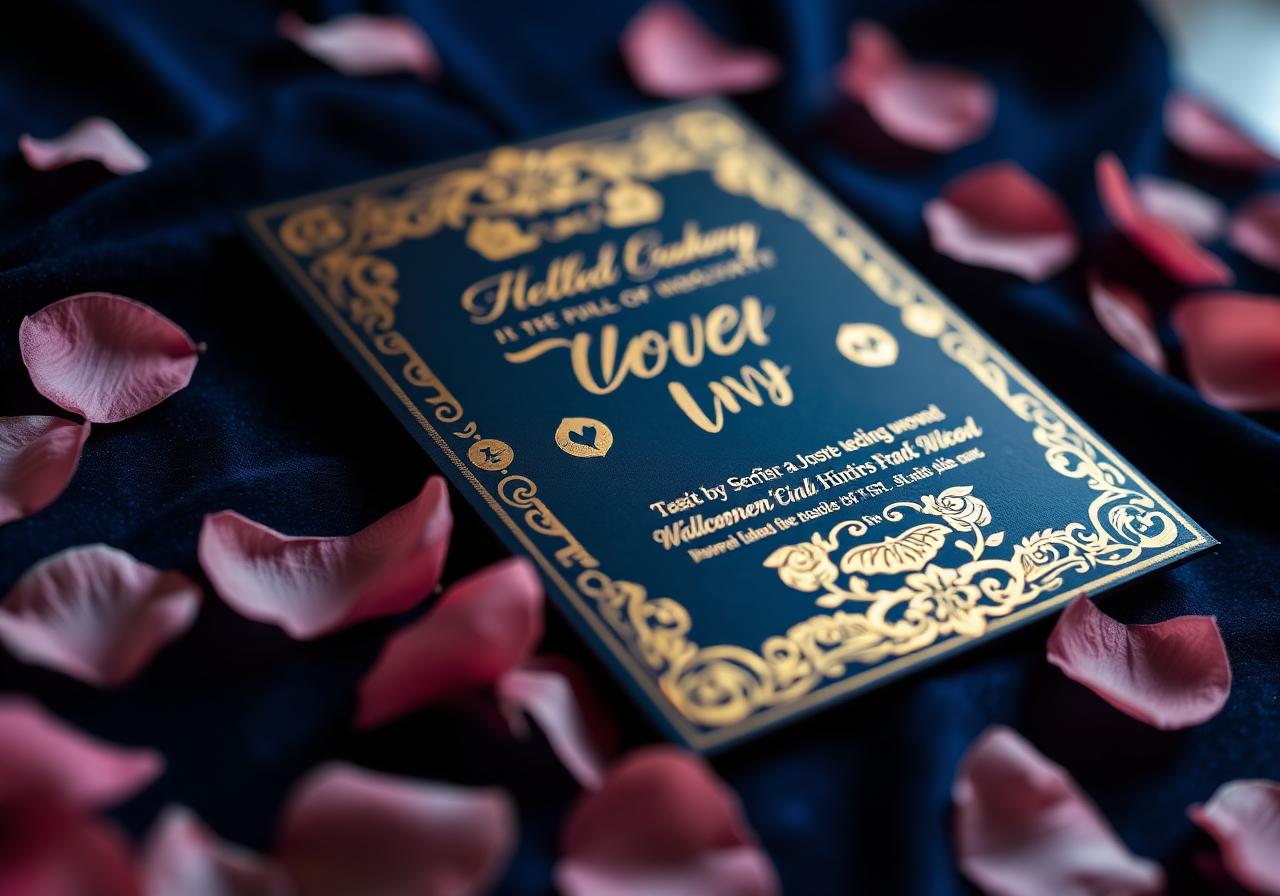 Gold-foiled wedding invitation on navy velvet with rose petals