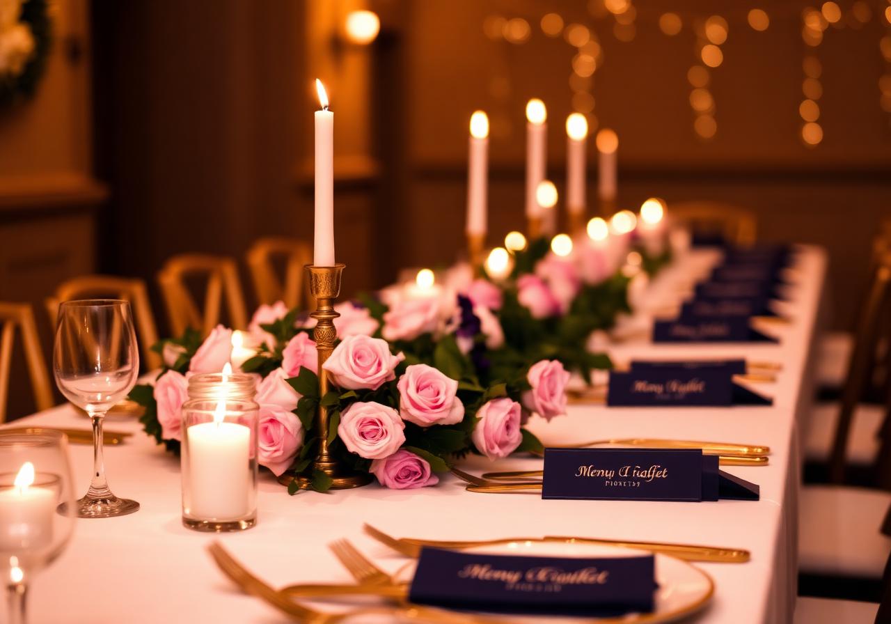 Candlelit dinner reception with pink roses