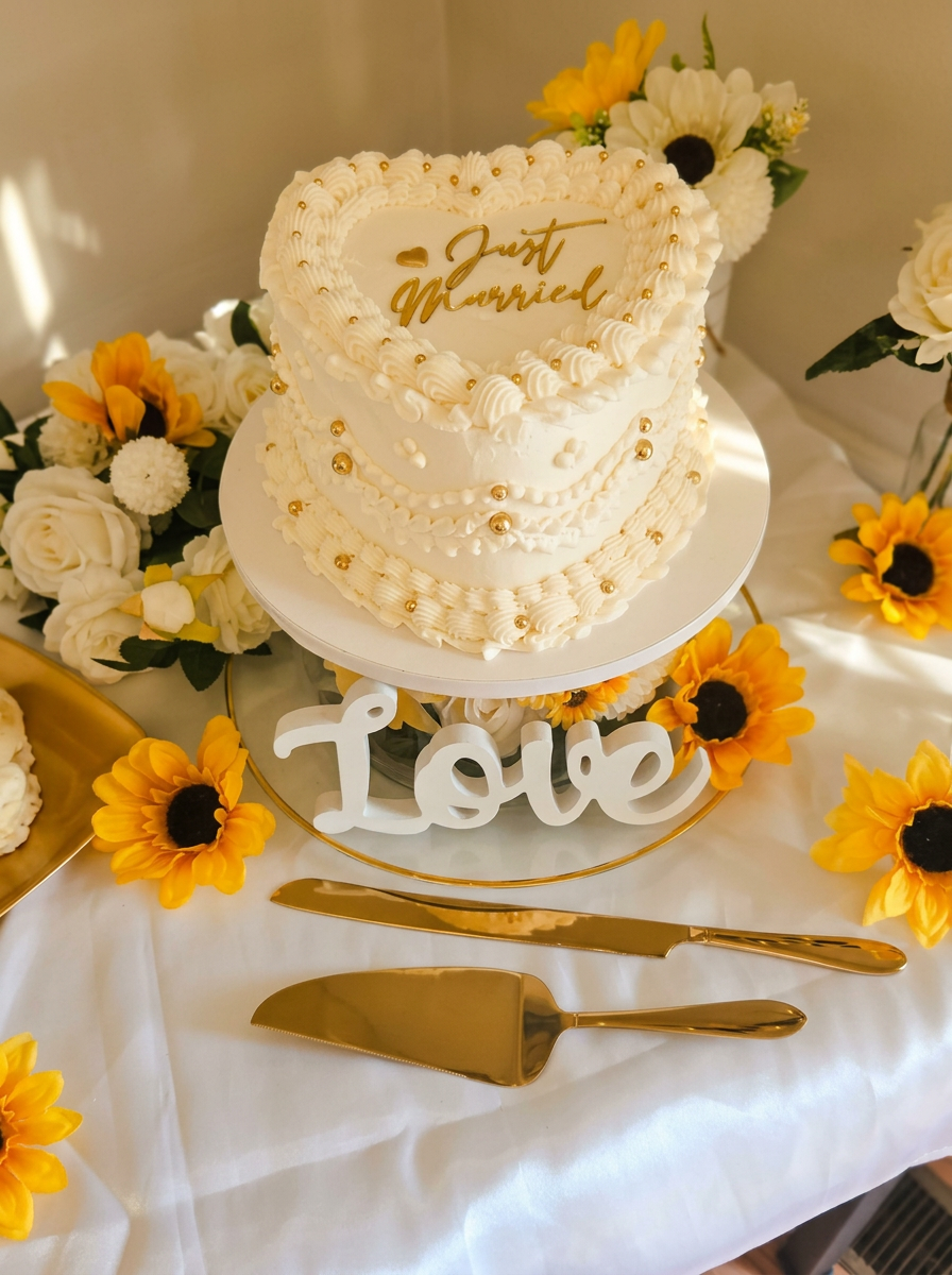 Heart-shaped Just Married buttercream wedding cake with gold pearls, sunflowers and gold cake server