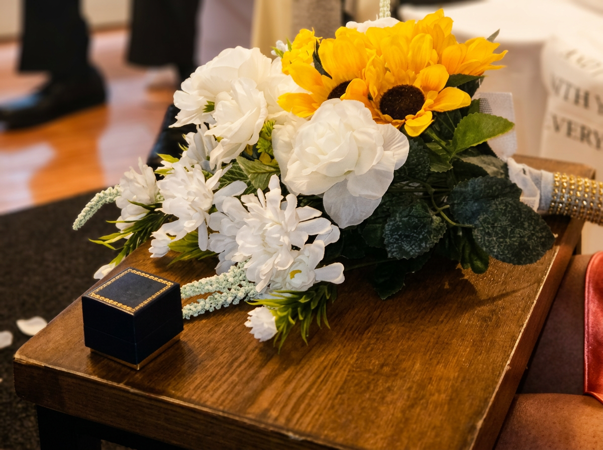 Sunflower and white rose centerpiece arrangement with navy velvet ring box on a wood table