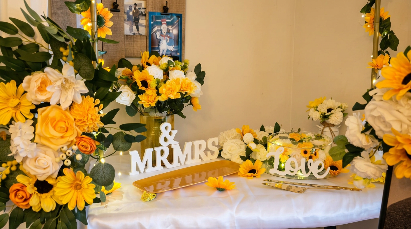 Mr and Mrs sweetheart sign-in table with sunflowers, ivory roses, gold tray and fairy lights