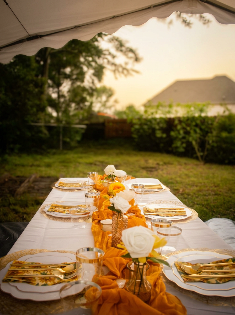 Outdoor tented wedding tablescape with marigold chiffon runner, gold-rimmed china and sunflower napkins at golden hour